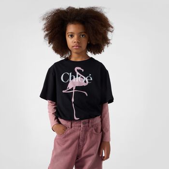 Girls Mini Me Black Flamingo Logo T-Shirt
