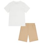 Boys White & Beige Logo Shorts Set, 1, hi-res