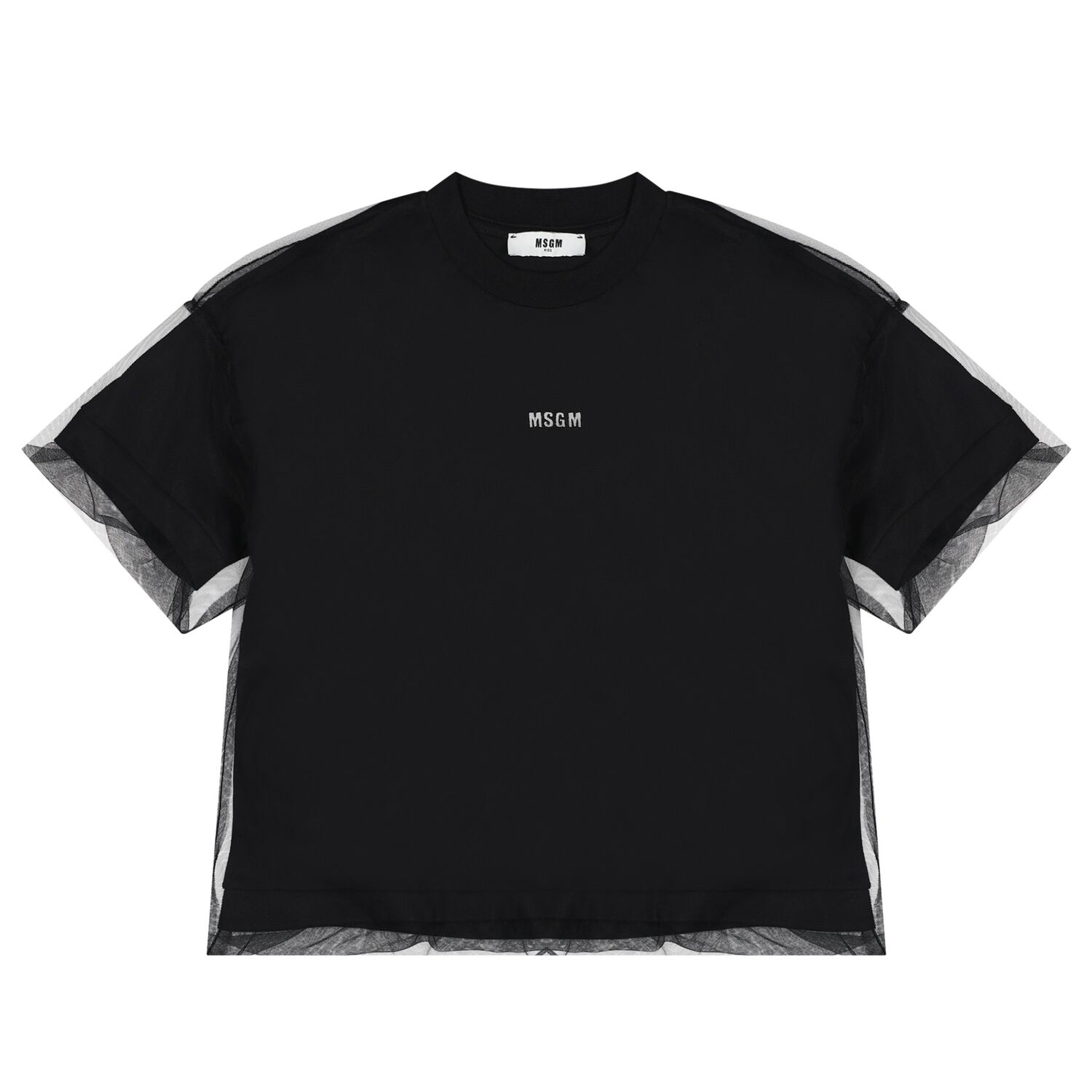 Girls Black Logo Overlay Tulle T-Shirt, 1, hi-res