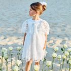 Girls White Chiffon Bow Lace Dress, 1, hi-res