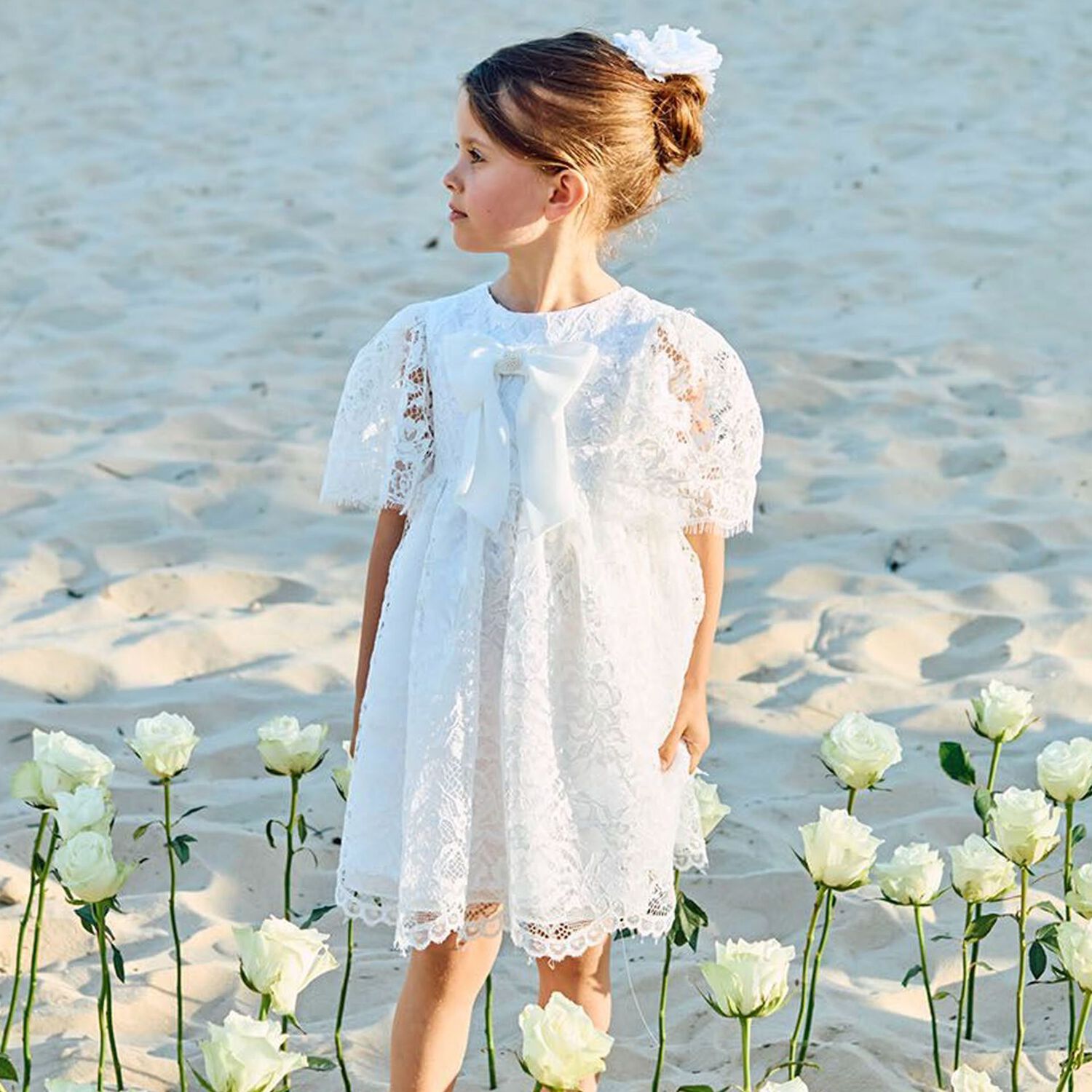 Girls White Chiffon Bow Lace Dress, 1, hi-res