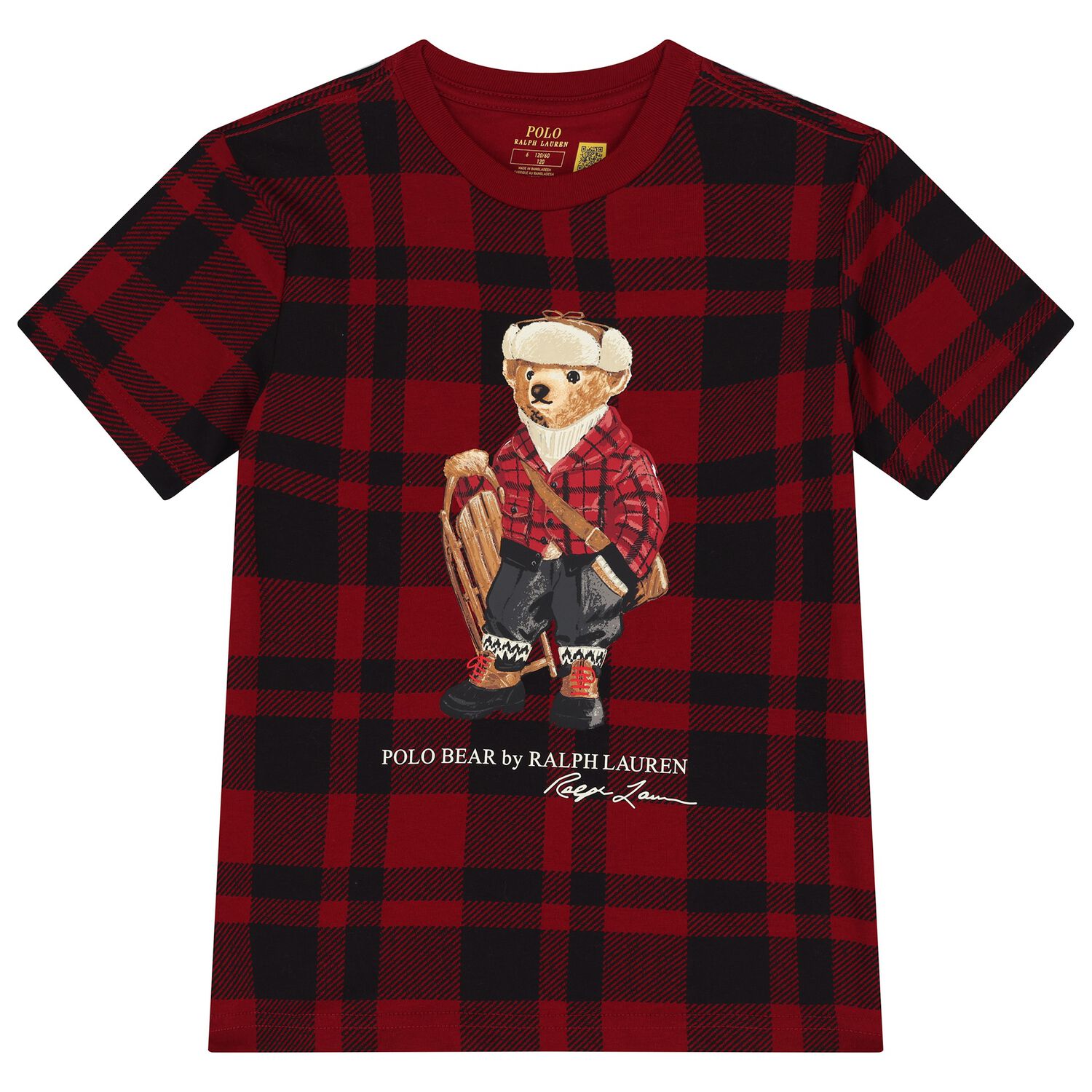 Boys Red & Black Check Polo Bear T-Shirt , 1, hi-res