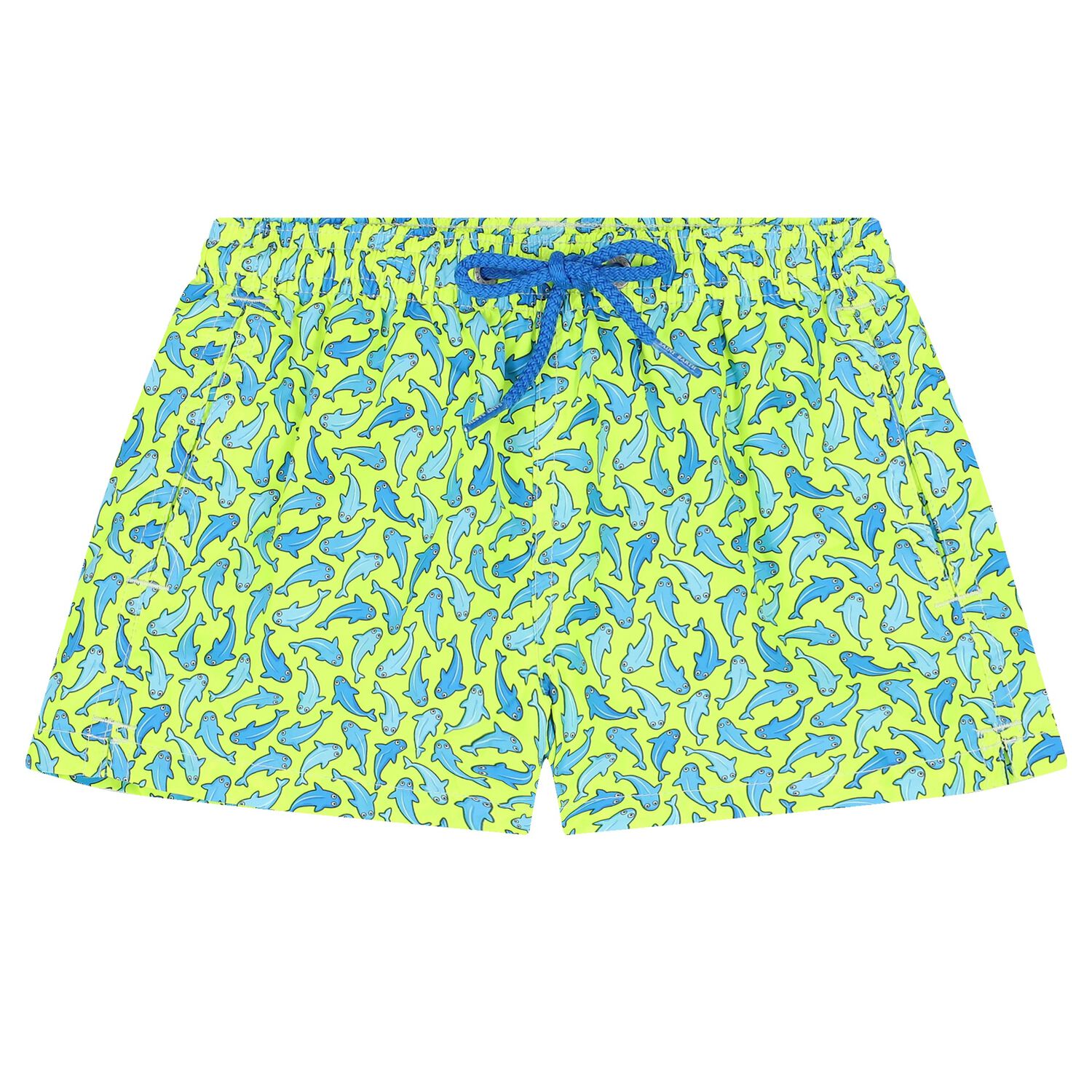 Boys Neon Yellow Sharks Swim Shorts, 1, hi-res