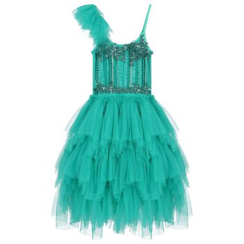 Girls Green Ruffled Tulle Dress
