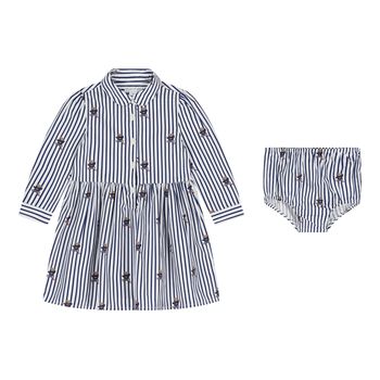 Baby Girls White & Blue Polo Bear Striped Dress Set