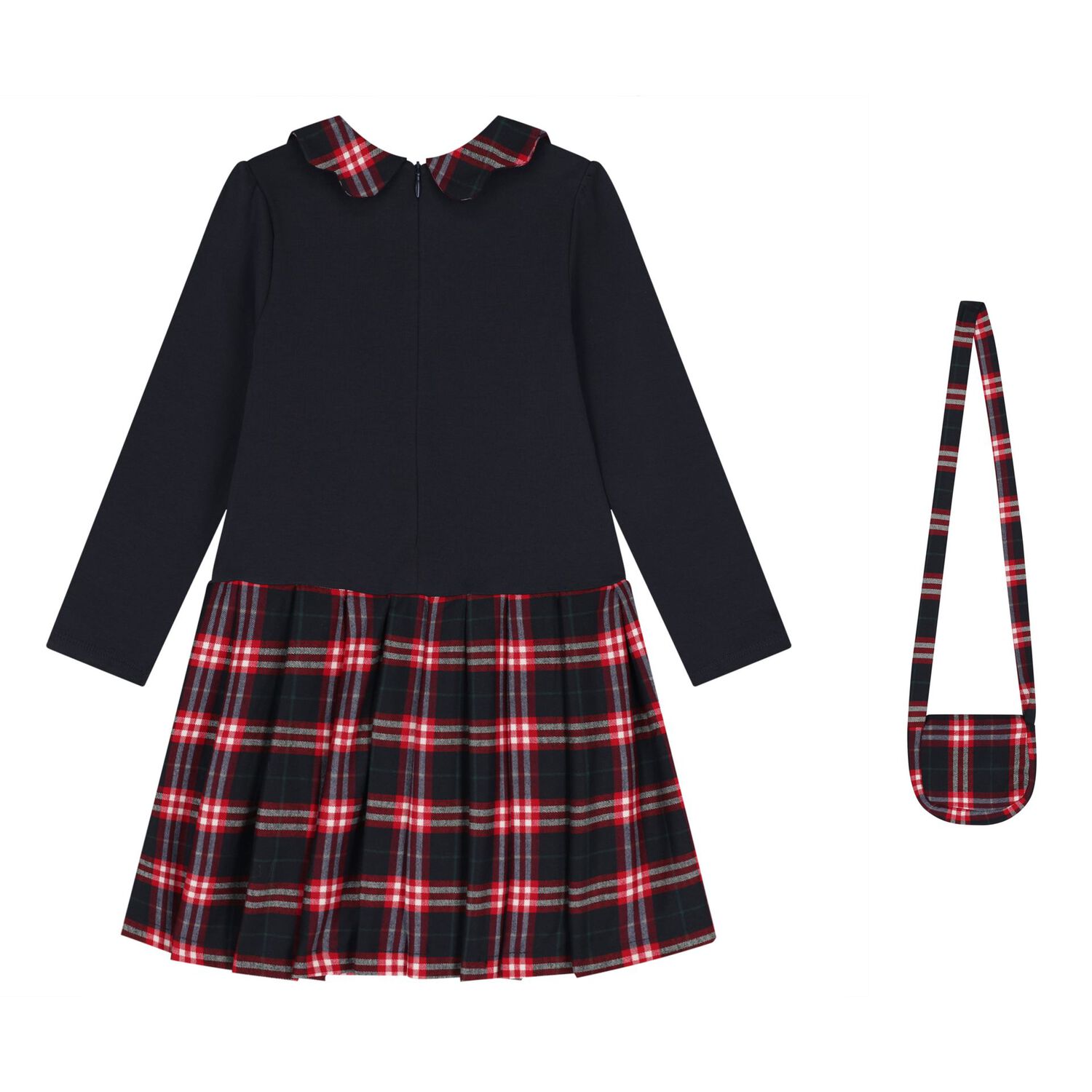 Girls Navy Blue Tartan Dress Set, 1, hi-res