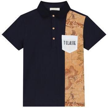 Boys Navy Blue & Beige Logo Geo Map Polo Shirt