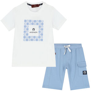 Younger Boys White & Blue Logo Shorts Set