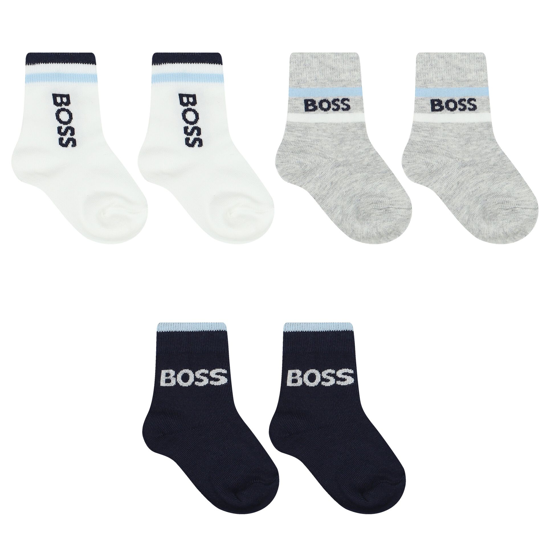 BOSS Baby Boys White Navy Blue Grey Logo Socks 3 Pack Junior Couture Bahrain