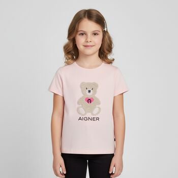 Girls Pink Teddy Bear Logo T-Shirt
