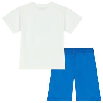 Boys White & Blue Teddy Bear Logo Shorts Set