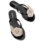 Girls Black & Beige Logo Flower Flip Flops, 2, hi-res