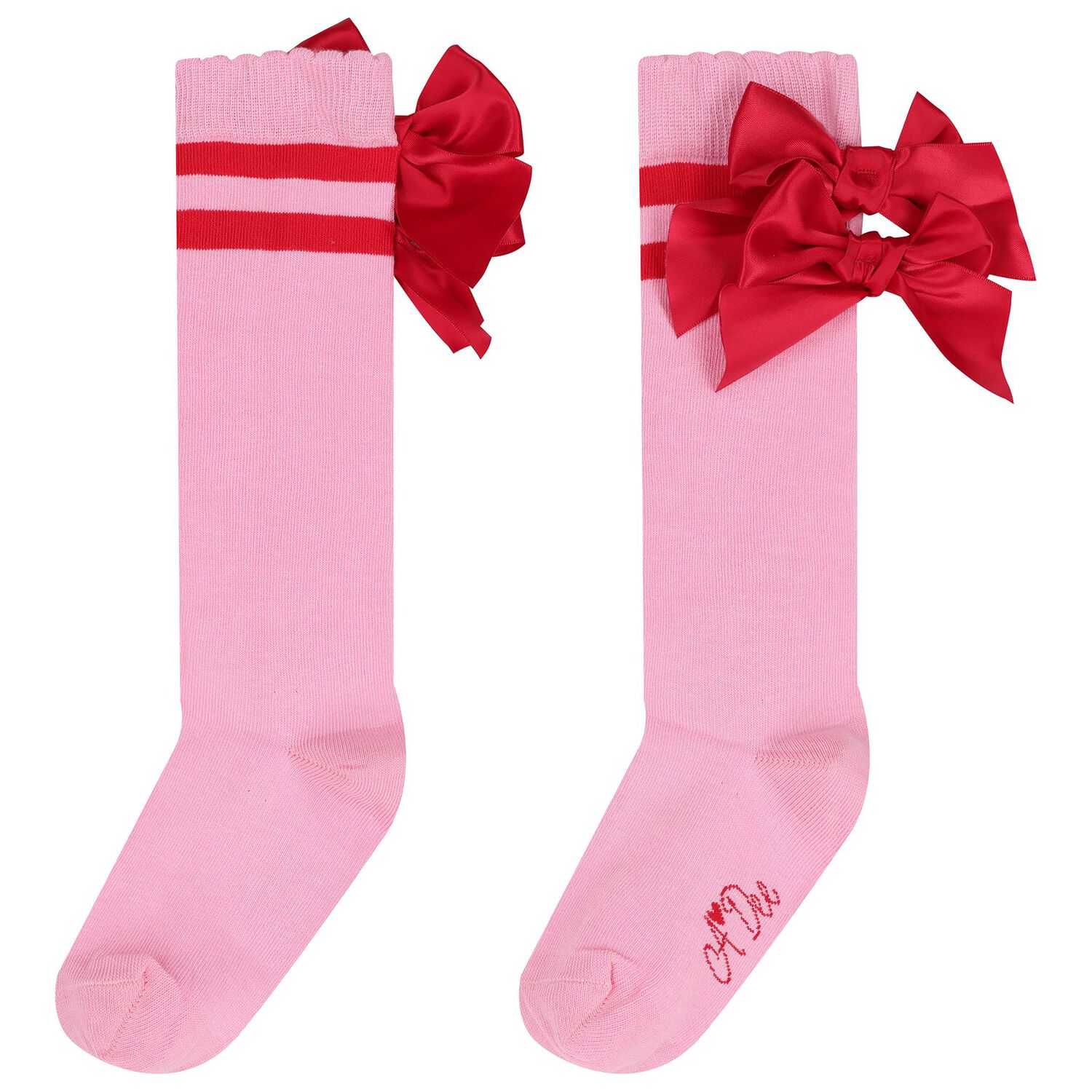 Girls Pink Satin Bow Knee High Socks, 1, hi-res