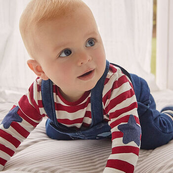 Baby Boys Ivory, Red & Blue Dungaree Set