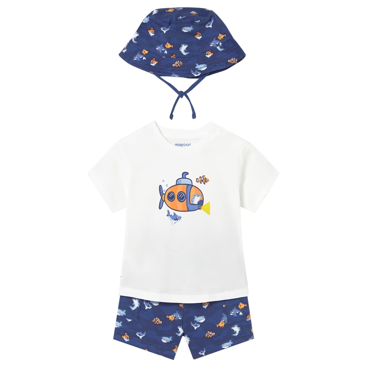 Younger Boys White & Blue Shorts & Hat Set, 2, hi-res
