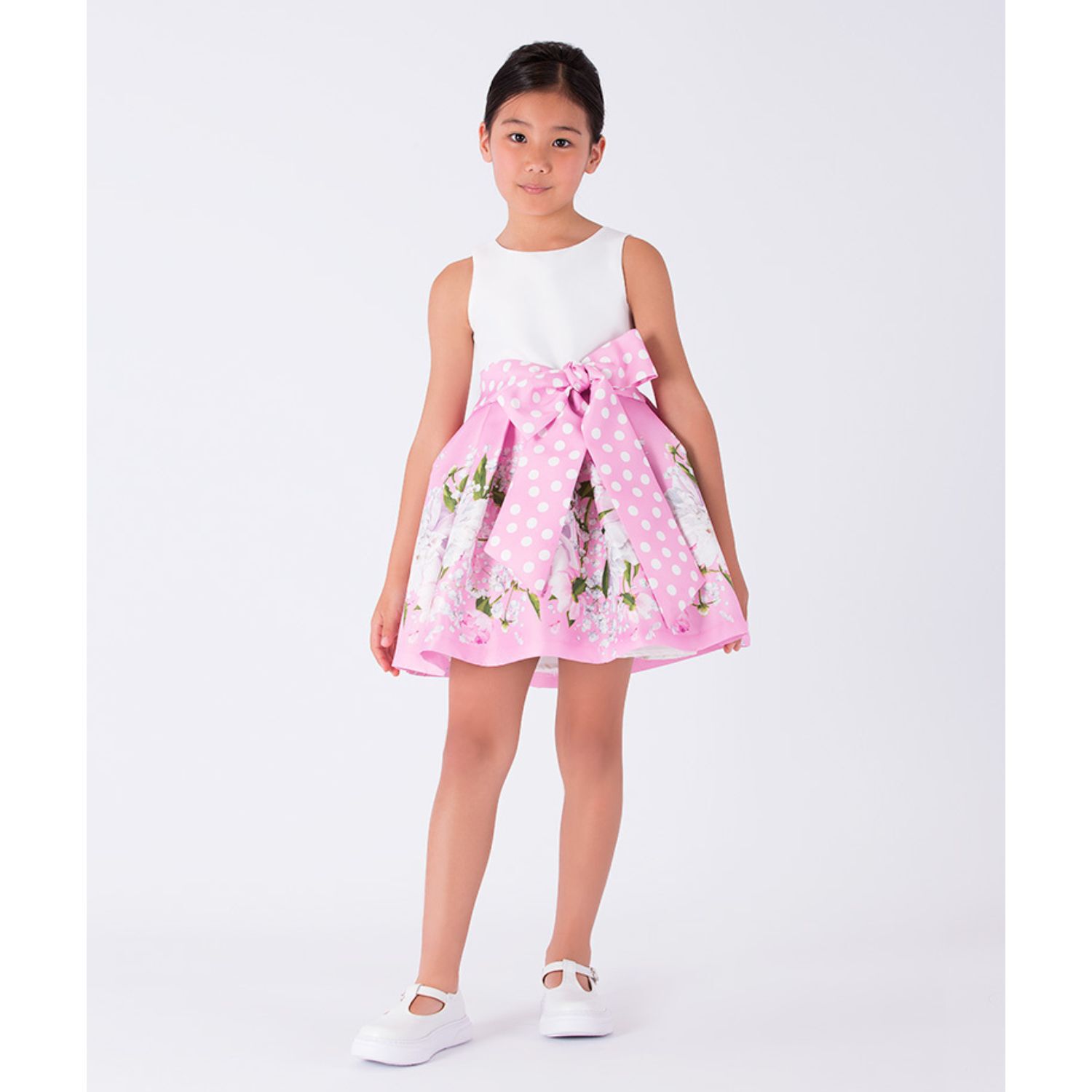 Girls White & Pink Floral Satin Dress, 1, hi-res