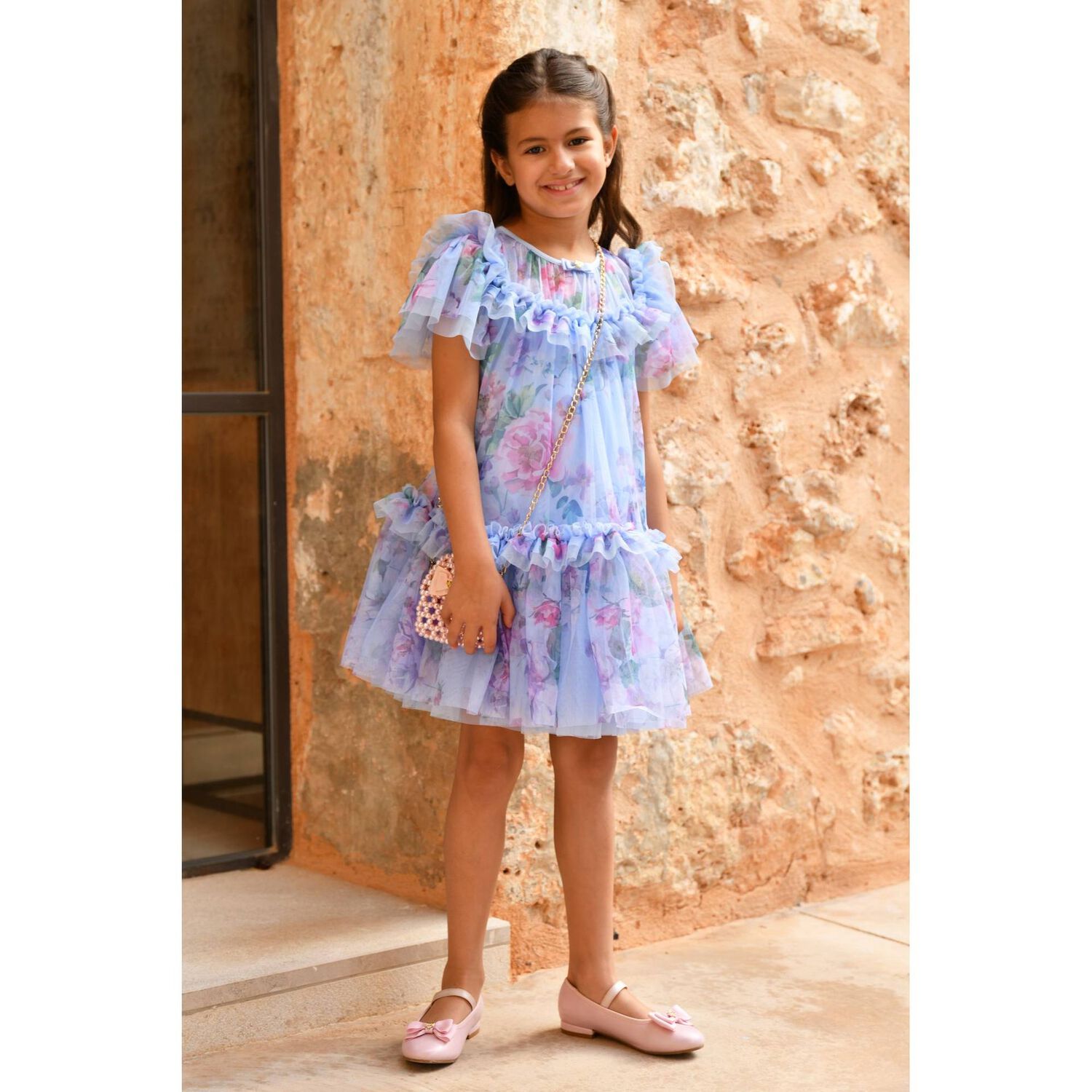 Girls Blue Floral Tulle Dress, 2, hi-res