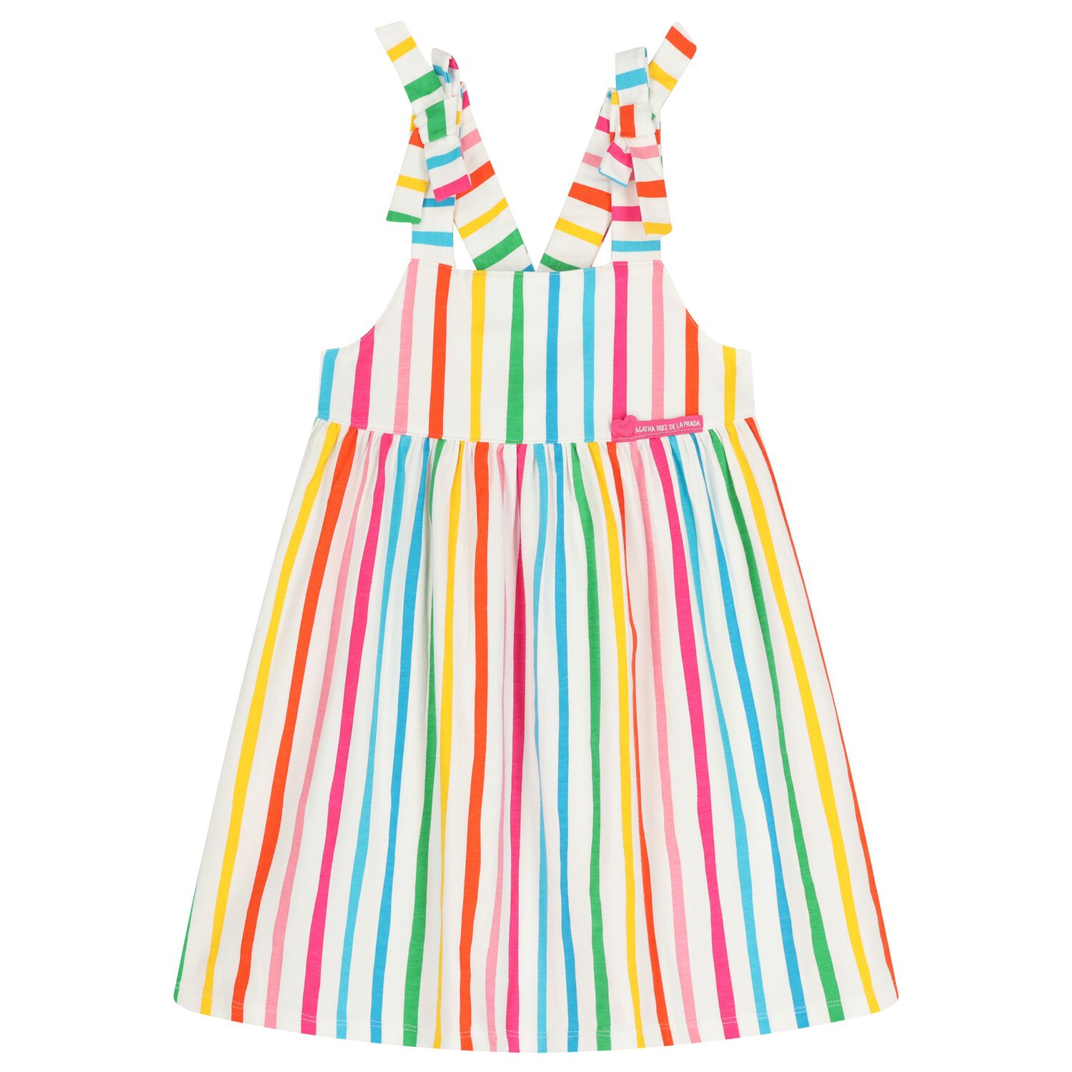 Girls Multi-Coloured Bow Striped Dress, 1, hi-res