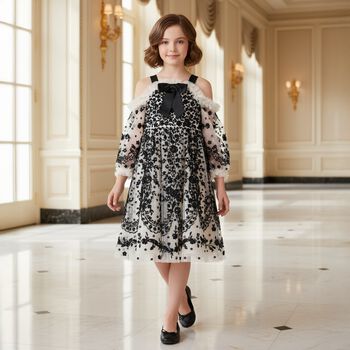 Girls Black & Beige Floral Off-Shoulder Dress