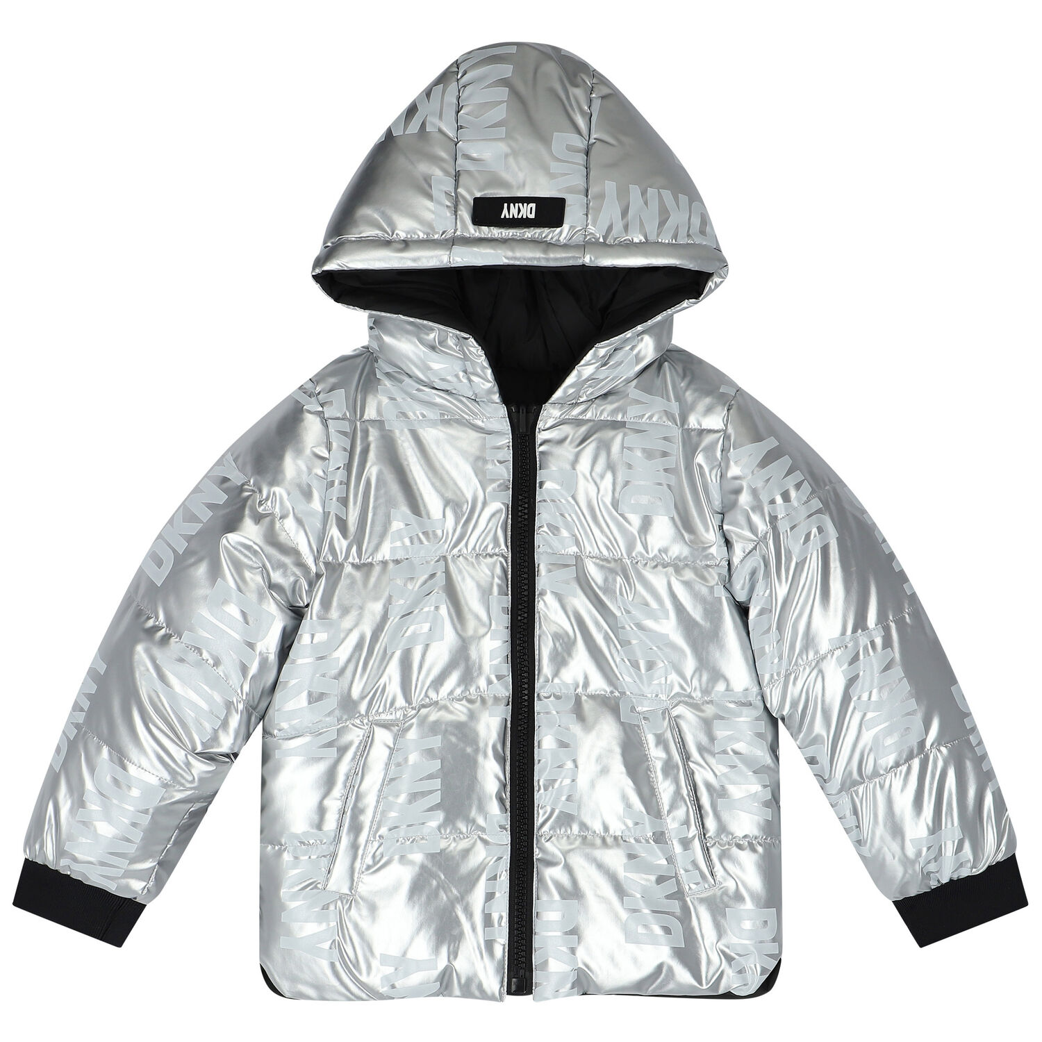 Girls Silver & Black Logo Reversible Puffer Jacket, 1, hi-res