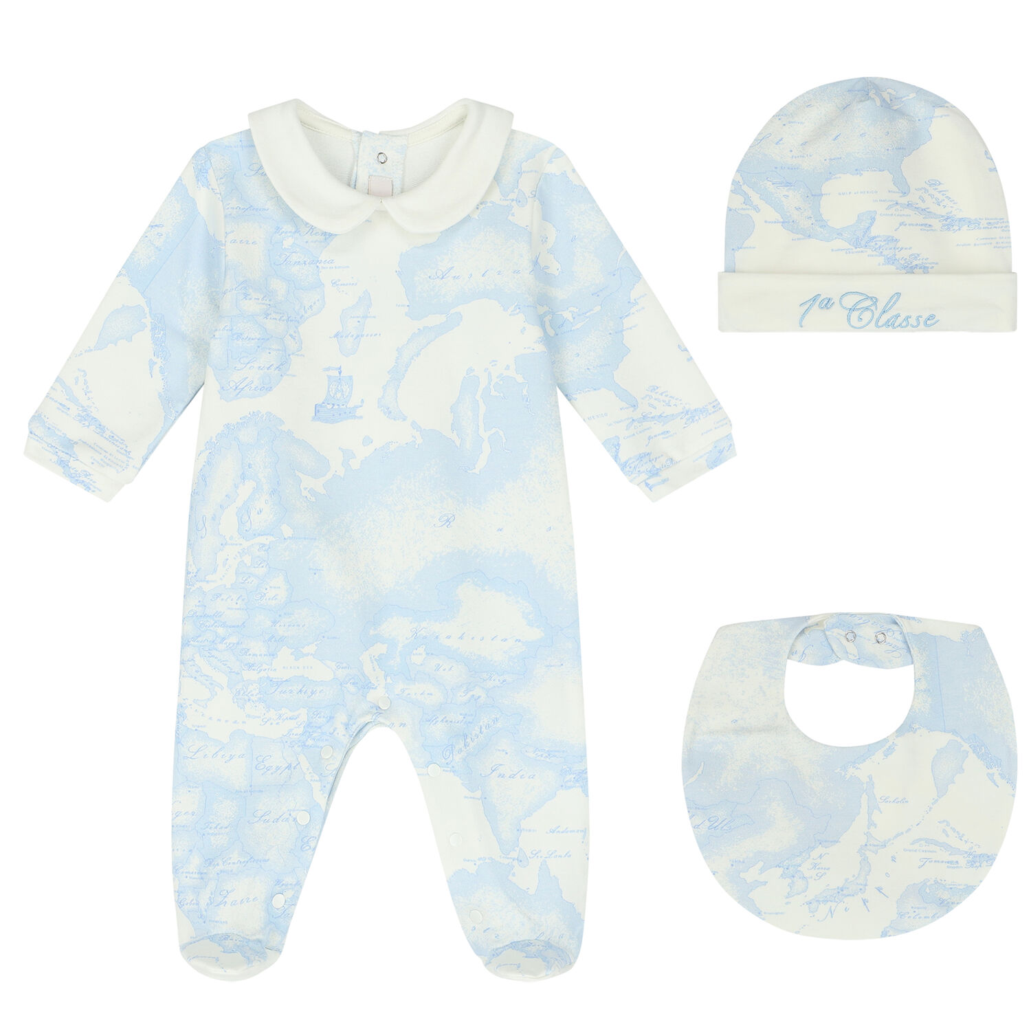 Ivory & Blue Geo Map Babygrow Set, 3, hi-res