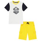 Boys White & Yellow Logo Shorts Set, 1, hi-res