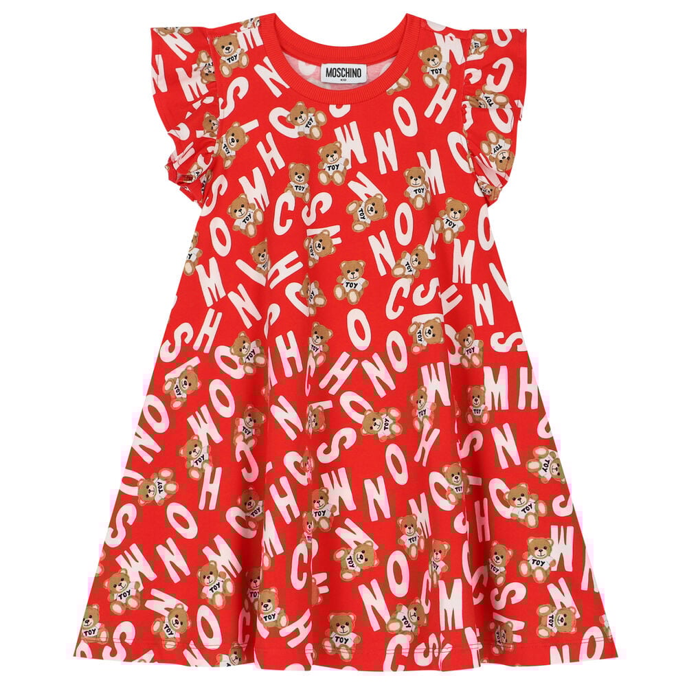 Moschino Girls Red Teddy Bear Logo Dress Junior Couture