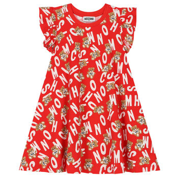 Girls Red Teddy Bear Logo Dress