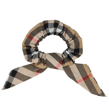 Girls Beige Check Bow Scrunchie