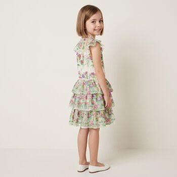 Girls Ivory & Green Embroidered Floral Dress
