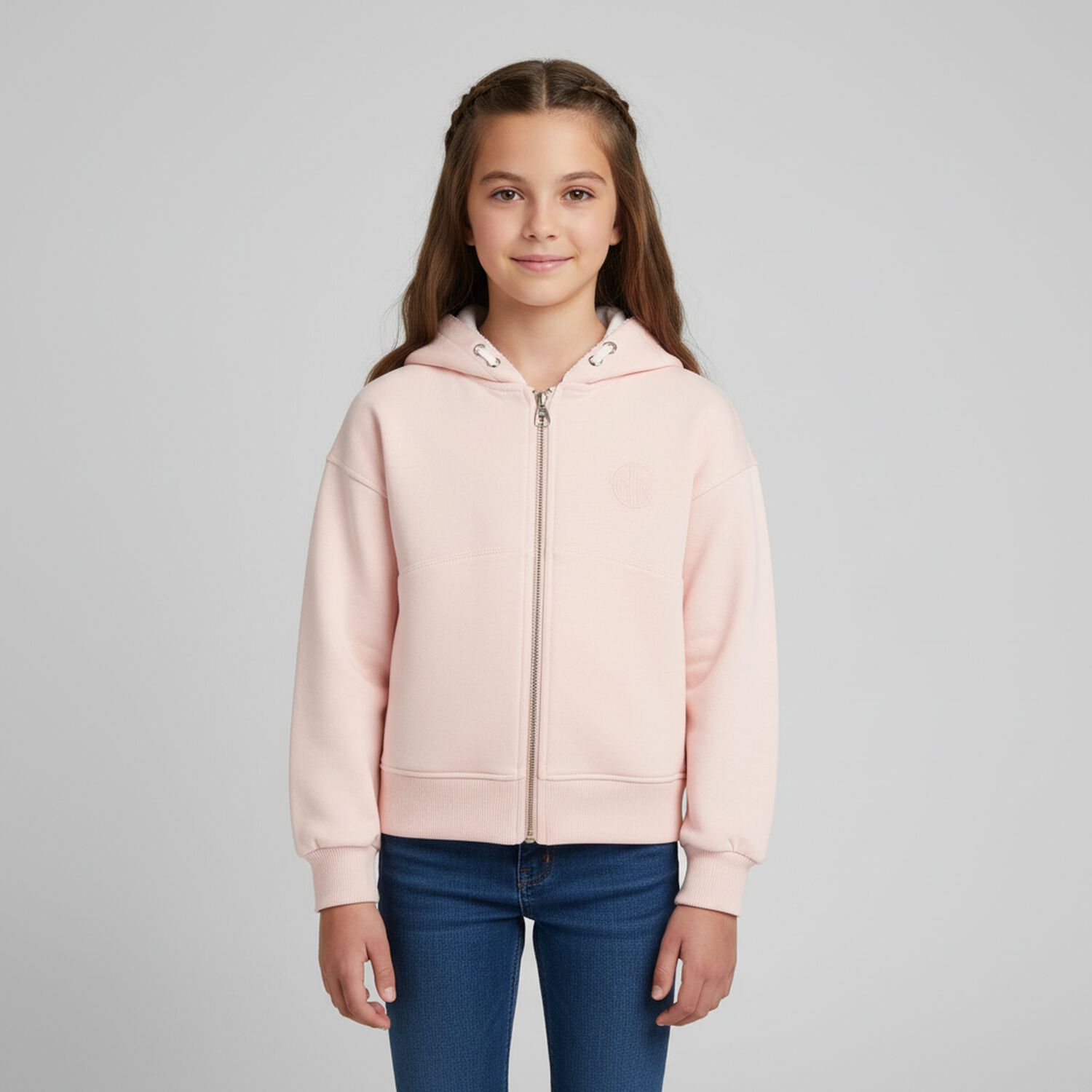 Girls Pink Logo Hooded Zip Up Top, 1, hi-res