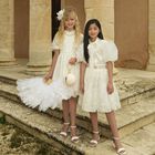 Girls White Pearls Tulle Skirt Set, 1, hi-res