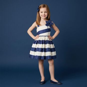 Girls Ivory & Navy Blue Striped Flower Dress