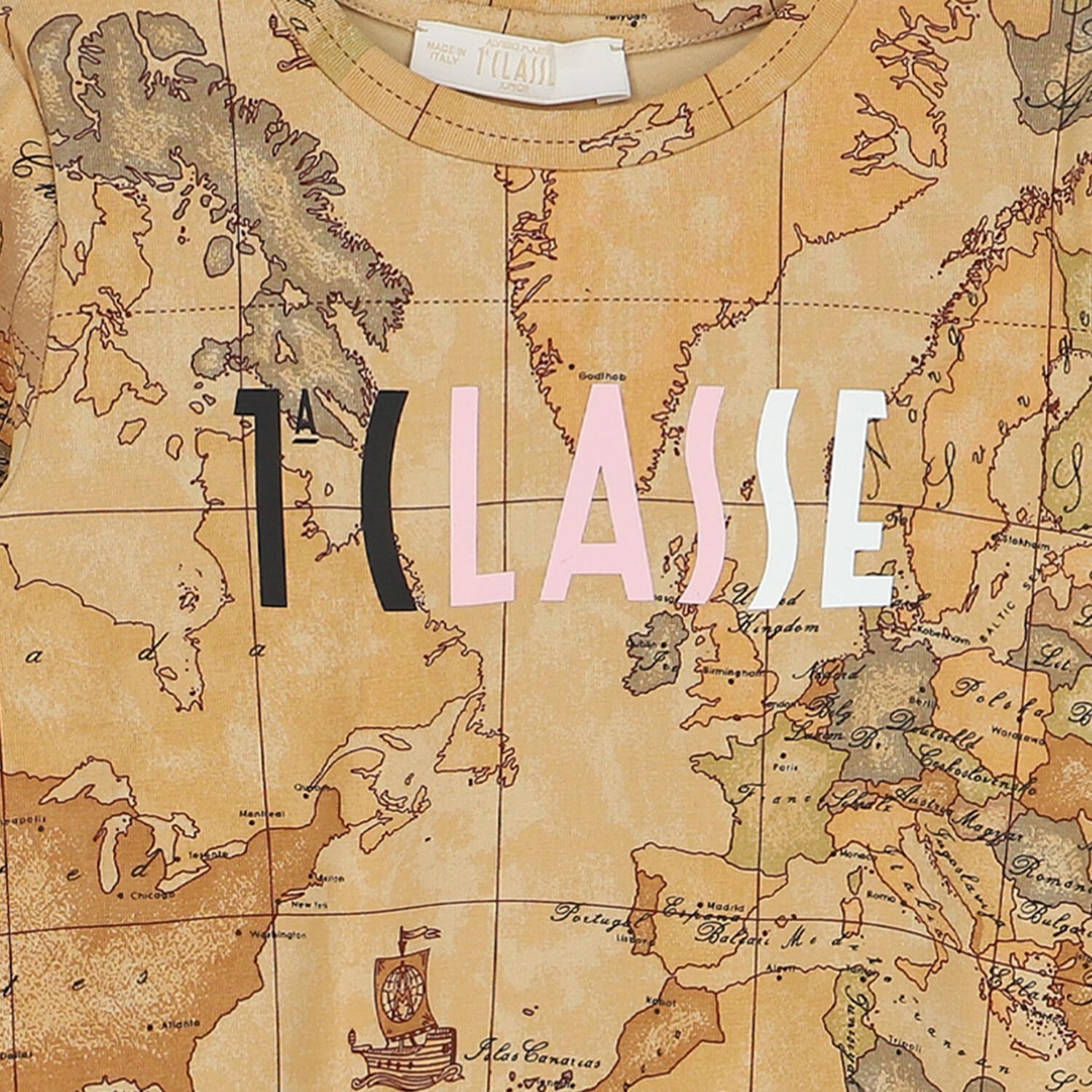 فستان بطبعة الخريطة بالشعار باللون الاسود و البيج , 1, hi-res