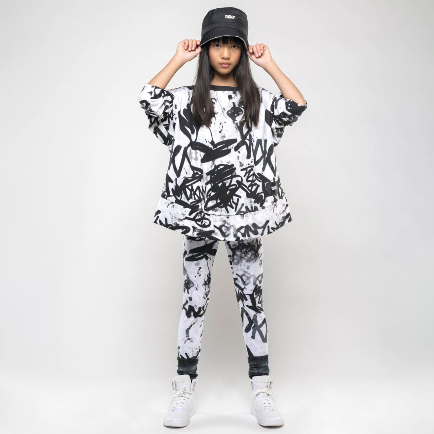 Girls Black & White Graffiti Logo Leggings, 1, hi-res image number null