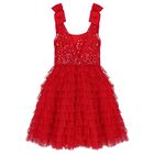 Girls Red Embellished Sequined Tulle Tiered Dress, 1, hi-res