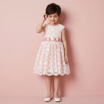 Girls Pink & White Embroidered Organza Dress