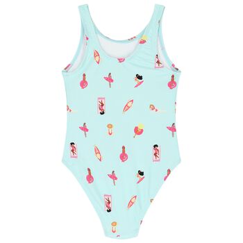 Girls Aqua Printed Logo Swimsuit