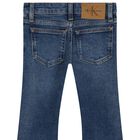 بنطلون جينز بالشعار باللون الأزرق للبنات, 1, hi-res