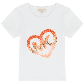 Girls White Sequin Heart Logo T-Shirt