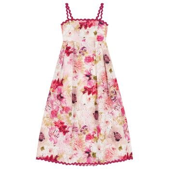 Girls Pink Floral Embroidery Maxi Dress