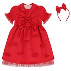 Girls Red Bow Satin Dress & Hairband Set, 1, hi-res