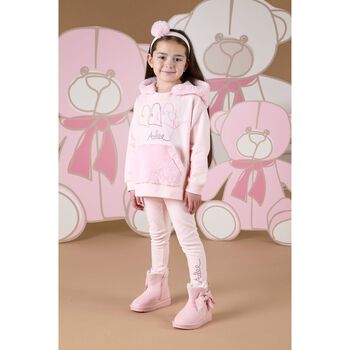 Girls Pink Logo Faux fur Leggings Set