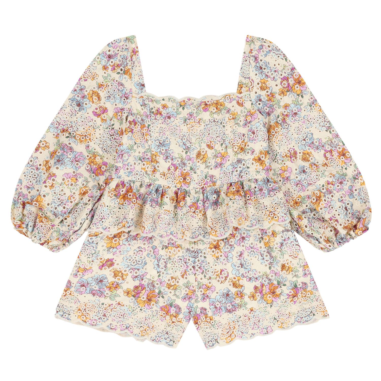 Girls Ivory Floral Embroidered Playsuit, 1, hi-res