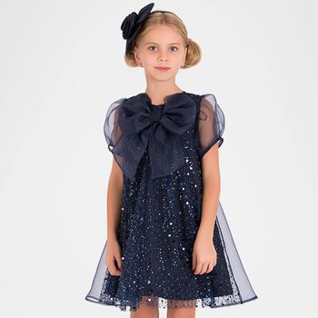 Girls Navy Blue Chiffon & Tulle Sequin Dress