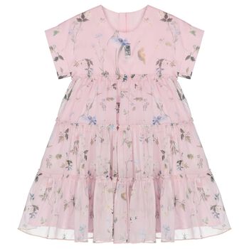 Girls Pink Floral Chiffon Tiered Dress