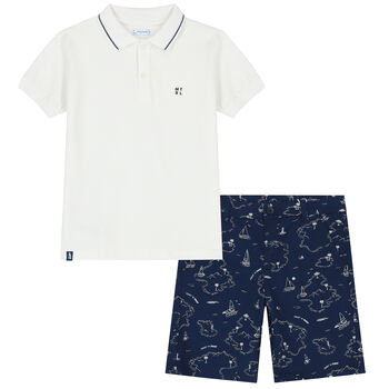 Boys Ivory & Navy Logo Shorts Set