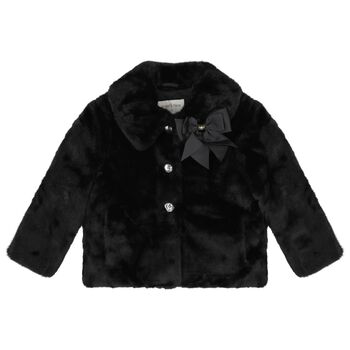 Girls Black Bow Faux Fur Jacket
