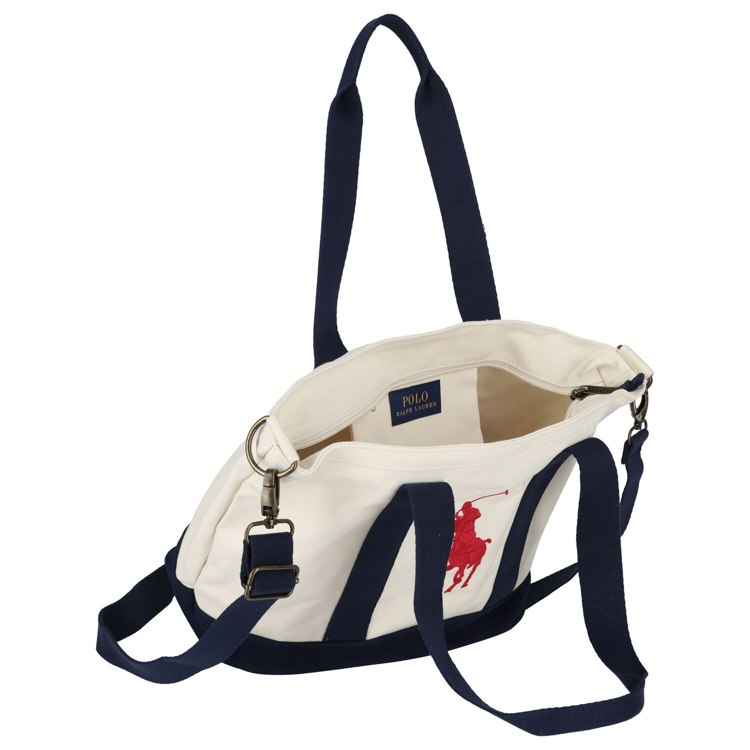 Girls Ivory & Navy Blue Canvas Pony Logo Tote Bag ( 44cm ), 1, hi-res