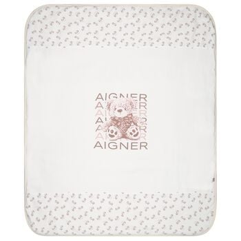 White & Beige Teddy Bear Logo Baby Blanket 
